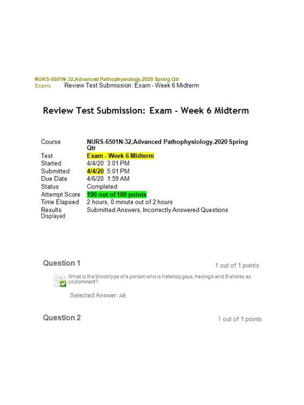 NURS 6501 Week 6 Midterm Exam100 out of 100 Points